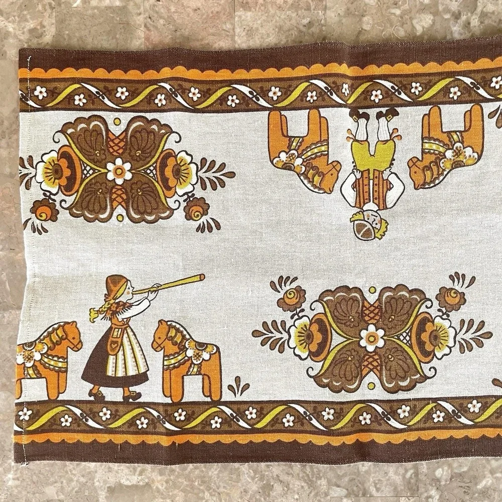 Vintage Scandinavian Folk Art Table Runner Dala Horse Rosemaling‎ Swedish Linen